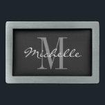 Boucle De Ceinture Rectangulaire Boucles monogrammées personnalisées pour hommes et<br><div class="desc">Boucles monogrammées personnalisées pour hommes et femmes. Élégant modèle de typographie de script pour le nom et la lettre initiale monogramme. Accessoires de mode paraphés avec inscription personnalisée et couleur arrière - plan personnalisable. Design glamour noir et blanc pour les amis et la famille. Disponible en forme ovale et carré....</div>
