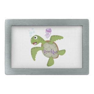 Boucle De Ceinture Rectangulaire Caricature joyeuse de tortue de mer verte mignonne