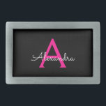 Boucle De Ceinture Rectangulaire Chaud rose noir Script Girl Nom du monogramme<br><div class="desc">Noir et rose chaud Simple Script Monogramme Nom Ceinture Boucle. Cela rend la graduation parfaite, doux 16 16ème, 18ème, 21ème, 30ème, 40ème, 50ème, 60ème, 70ème, 80ème, 90ème, 100ème anniversaire, mariage, douche nuptiale, anniversaire, baby shower ou cadeau de fête de bachelorette pour quelqu'un qui aime les styles glam luxe et chic...</div>