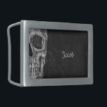 Boucle De Ceinture Rectangulaire Cool Gothique Moitié Crâne noir et blanc Grunge<br><div class="desc">Macabre gothique texture grunge noir et blanc imprimer demi-crâne tête boucle rectangulaire ceinture. Éffrayant,  cool,  déplaisant,  mauvais,  design sinistre. Personnalisez votre nom. Branché,  unique,  moderne,  effrayant style Halloween. Copyright de l'image Marg Seregelyi Photography.</div>