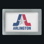 Boucle De Ceinture Rectangulaire Drapeau d'Arlington, Texas<br><div class="desc">Belt Buckle avec le drapeau d'Arlington,  Texas. Un drapeau blanc avec une lettre bleue et rouge A et une étoile argentée au centre</div>
