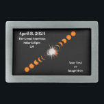Boucle De Ceinture Rectangulaire Éclipse solaire totale 2024<br><div class="desc">Avez-vous l'intention de voir l'Éclipse solaire totale 2024 ? Alors faites savoir au monde que vous serez là et que ce sera génial. Cette conception consiste en images séquentielles d'une éclipse solaire totale en cours, montrant l'effet de bague en diamant au centre, avec la date "8 avril. 2024" et les...</div>