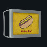 Boucle De Ceinture Rectangulaire Hotdog Belt Buckle<br><div class="desc">Illustration de hotdog. Les aliments indésirables entourent les icônes jaune motif arrière - plan. Texte personnalisé.</div>