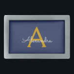 Boucle De Ceinture Rectangulaire Marine Blue Gold Modern Script Girl Monogramme Nom<br><div class="desc">Navy Blue and Gold Simple Script Monogramme Nom Belt Buckle. Cela rend la graduation parfaite, doux 16 16ème, 18ème, 21ème, 30ème, 40ème, 50ème, 60ème, 70ème, 80ème, 90ème, 100ème anniversaire, mariage, douche nuptiale, anniversaire, baby shower ou cadeau de fête de bachelorette pour quelqu'un qui aime les styles glam luxe et chic...</div>