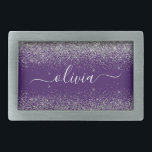 Boucle De Ceinture Rectangulaire Monogramme de Parties scintillant d'argent violet<br><div class="desc">Parties scintillant à étincelle violette et argentée Script Monogramme Nom Ceinture Boucle. Cela rend la graduation parfaite, doux 16 16ème, 18ème, 21ème, 30ème, 40ème, 50ème, 60ème, 70ème, 80ème, 90ème, 100ème anniversaire, mariage, douche nuptiale, anniversaire, baby shower ou cadeau de fête de bachelorette pour quelqu'un qui aime les styles glam luxe...</div>