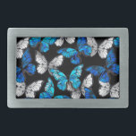 Boucle De Ceinture Rectangulaire Motif sans couleur foncée avec papillons bleus Mor<br><div class="desc">Des papillons réalistes,  bleus et blancs sans couture motif sur arrière - plan noir.</div>