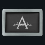 Boucle De Ceinture Rectangulaire Noir Argent moderne Script Girl Monogramme Nom<br><div class="desc">Noir et Argent Simple Script Monogramme Nom Belt Buckle. Cela rend la graduation parfaite, doux 16 16ème, 18ème, 21ème, 30ème, 40ème, 50ème, 60ème, 70ème, 80ème, 90ème, 100ème anniversaire, mariage, douche nuptiale, anniversaire, baby shower ou cadeau de fête de bachelorette pour quelqu'un qui aime les styles glam luxe et chic .....</div>