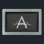 Boucle De Ceinture Rectangulaire Noir Argent moderne Script Girl Monogramme Nom<br><div class="desc">Noir et Argent Simple Script Monogramme Nom Belt Buckle. Cela rend la graduation parfaite, doux 16 16ème, 18ème, 21ème, 30ème, 40ème, 50ème, 60ème, 70ème, 80ème, 90ème, 100ème anniversaire, mariage, douche nuptiale, anniversaire, baby shower ou cadeau de fête de bachelorette pour quelqu'un qui aime les styles glam luxe et chic .....</div>