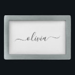 Boucle De Ceinture Rectangulaire Noir Blanc moderne Script Girl Monogramme Nom<br><div class="desc">Noir et blanc Simple Script Monogramme Nom Ceinture Boucle. Cela rend la graduation parfaite, doux 16 16ème, 18ème, 21ème, 30ème, 40ème, 50ème, 60ème, 70ème, 80ème, 90ème, 100ème anniversaire, mariage, douche nuptiale, anniversaire, baby shower ou cadeau de fête de bachelorette pour quelqu'un qui aime les styles glam luxe et chic .....</div>