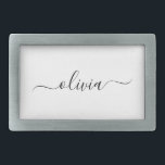 Boucle De Ceinture Rectangulaire Noir Blanc moderne Script Girl Monogramme Nom<br><div class="desc">Noir et blanc Simple Script Monogramme Nom Ceinture Boucle. Cela rend la graduation parfaite, doux 16 16ème, 18ème, 21ème, 30ème, 40ème, 50ème, 60ème, 70ème, 80ème, 90ème, 100ème anniversaire, mariage, douche nuptiale, anniversaire, baby shower ou cadeau de fête de bachelorette pour quelqu'un qui aime les styles glam luxe et chic .....</div>