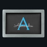 Boucle De Ceinture Rectangulaire Nom du monogramme de la fille en noir bleu<br><div class="desc">Noir et Bleu Simple Script Monogramme Nom Belt Buckle. Cela rend la graduation parfaite, doux 16 16ème, 18ème, 21ème, 30ème, 40ème, 50ème, 60ème, 70ème, 80ème, 90ème, 100ème anniversaire, mariage, douche nuptiale, anniversaire, baby shower ou cadeau de fête de bachelorette pour quelqu'un qui aime les styles glam luxe et chic .....</div>