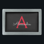 Boucle De Ceinture Rectangulaire Nom du monogramme rouge noir de la fille<br><div class="desc">Noir et Rouge Simple Script Monogramme Nom Belt Buckle. Cela rend la graduation parfaite, doux 16 16ème, 18ème, 21ème, 30ème, 40ème, 50ème, 60ème, 70ème, 80ème, 90ème, 100ème anniversaire, mariage, douche nuptiale, anniversaire, baby shower ou cadeau de fête de bachelorette pour quelqu'un qui aime les styles glam luxe et chic .....</div>