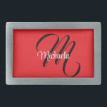 Boucle De Ceinture Rectangulaire Nom initial minimaliste moderne monogramme rouge<br><div class="desc">Monogramme moderne minimaliste nom initial noir blanc. Nom personnalisé personnalisable avec une initiale cursive derrière sur une couleur rouge.</div>