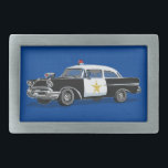 Boucle De Ceinture Rectangulaire Police Vintage voiture bleu<br><div class="desc">Cette boucle à ceinture est un cadeau unique pour les policiers et les forces de l'ordre. Le design comporte une voiture de police vintage sur un arrière - plan bleu. Conçu par un artiste de renommée mondiale ©Tim Coffey.</div>