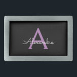 Boucle De Ceinture Rectangulaire Purple Black Script Girl Nom du monogramme<br><div class="desc">Noir et violet Simple Script Monogramme Nom Ceinture Boucle. Cela rend la graduation parfaite, doux 16 16ème, 18ème, 21ème, 30ème, 40ème, 50ème, 60ème, 70ème, 80ème, 90ème, 100ème anniversaire, mariage, douche nuptiale, anniversaire, baby shower ou cadeau de fête de bachelorette pour quelqu'un qui aime les styles glam luxe et chic .....</div>