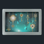 Boucle De Ceinture Rectangulaire Skeleton Keys on Green Background<br><div class="desc">Or,  clés antiques avec engrenages et cadrans accrochés sur chaînes dorées sur arrière - plan vert lumineux.</div>