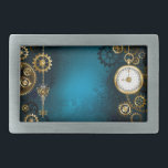 Boucle De Ceinture Rectangulaire Steampunk Arrière - plan turquoise avec Gears<br><div class="desc">Arrière - plan turquoise,  texturé,  steampunk avec des engrenages en laiton et or,  une clé en argent et l'horloge. Style Steampunk.</div>