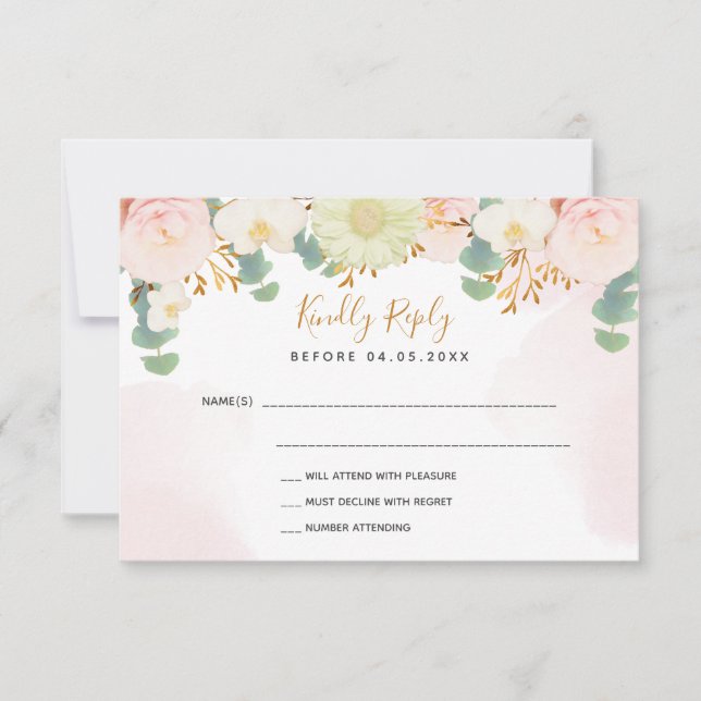 Boucles d'aquarelle rose blanc Mariage RSVP (Devant)
