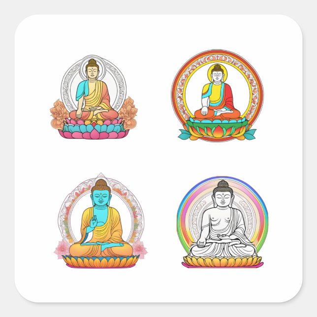 Bouddha avec fleurs colorées 4 Stickers Pack (Devant)