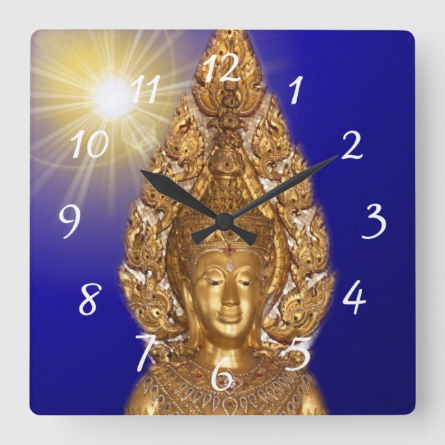 bouddha doré en bleu carré horloge murale (Recto)