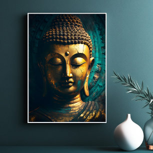Bouddha Paisible Face Or Bleu Art Antique Poster