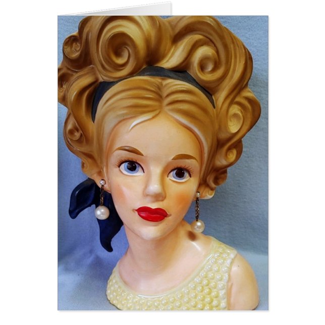 Bouffant Cheveux Lady Head Vase Big Blue Eyes Cart (Devant)