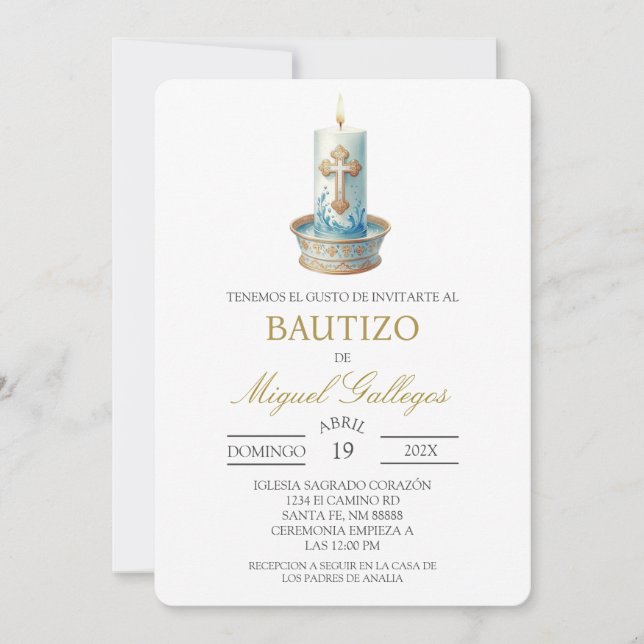 Bougie chrétienne Invitation de baptême espagnol (Devant)