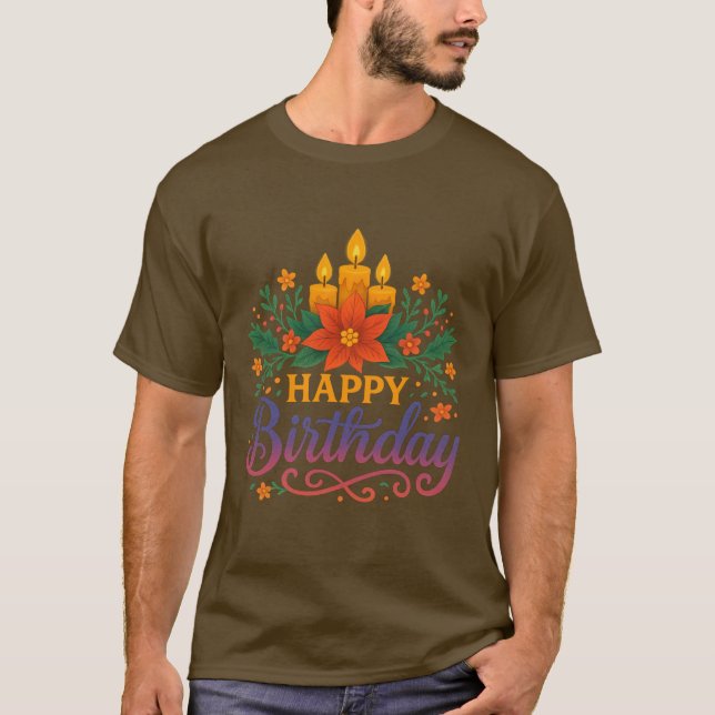 Bougie Joyeux Anniversaire T-Shirt de Base Foncé | (Devant)