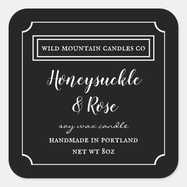 Bougie personnalisée Carré Étiquette noir et blanc (Devant)