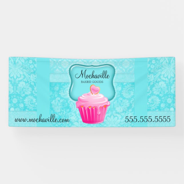 Boulangerie Cupcake Vintage Damask Aqua Bannière (Horizontal)