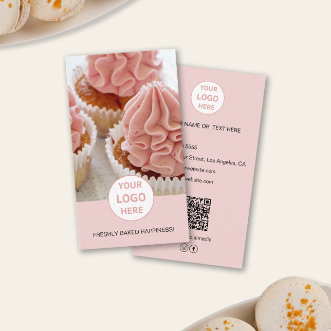 Boulangerie Photo personnalisée Logo QR Carte de v (Bakery Custom Photo Logo QR Pink Business Card)