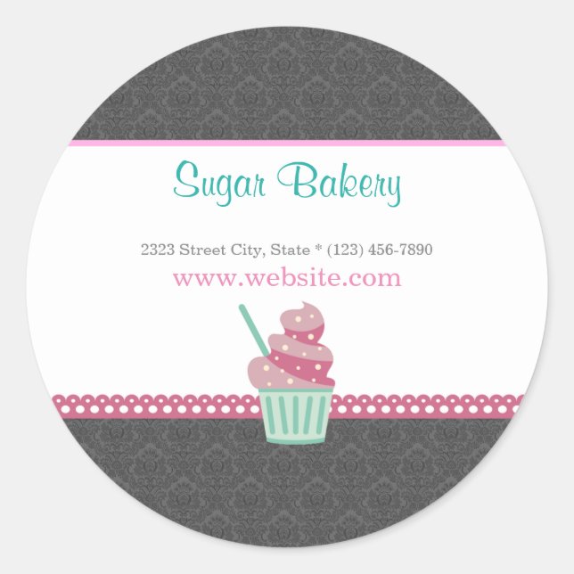 Boulangerie rose et gris Damask Cute Sticker Étiqu (Devant)