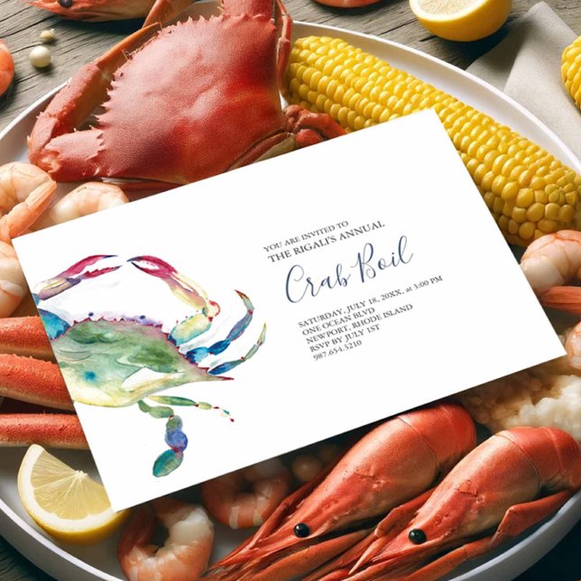 Boule de crabe bleu Invitation de la fête d'été (Seafood boil invitations features a watercolor blue crab art by Victoria Grigaliunas Do Tell A Belle)