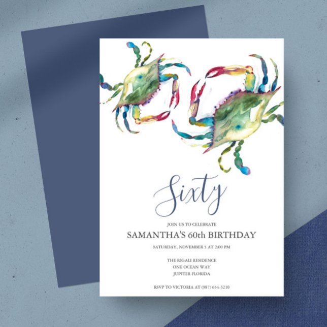 Boule de crabe d'aquarelle 60e invitation annivers (Birthday invitation crab fest watercolor blue crab art by Victoria Grigaliunas)