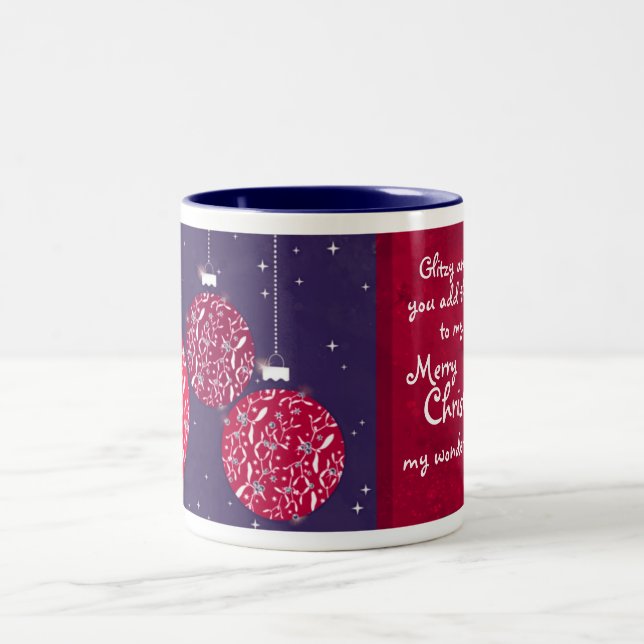 Boule de Noël à paillettes rouge/bleu mug pour fem (Centre)
