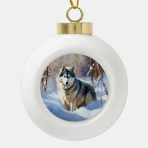 Boule En Céramique Aaskan Malamute Qu'il neige Noël