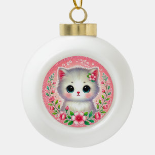 Boule En Céramique Adorable chaton blanc entouré de fleurs roses
