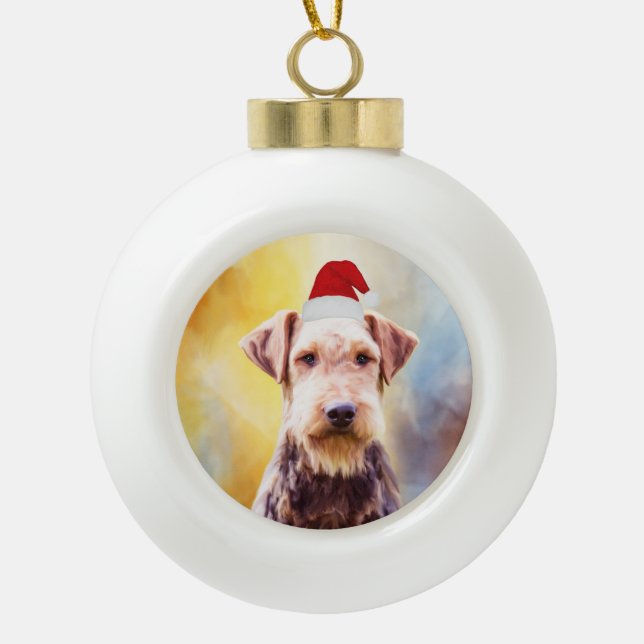 Boule En Céramique Airedale Chien Noël Santa Hat Art Portrait (Devant)