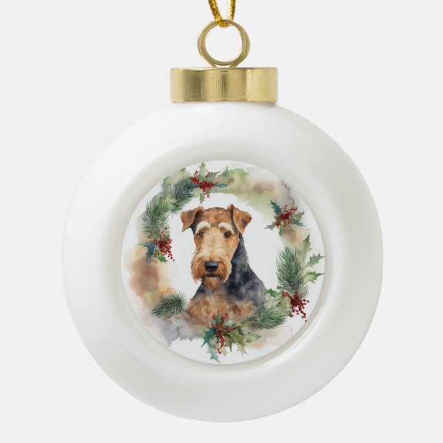Boule En Céramique Airedale Christmas Wreath Festive Pup (Devant)
