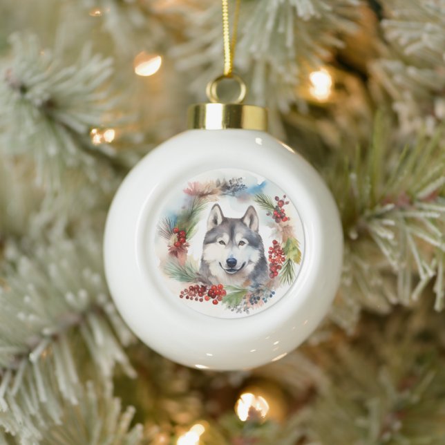 Boule En Céramique Alaskan Malamute Festive de la couronne de Noël (Arbre)