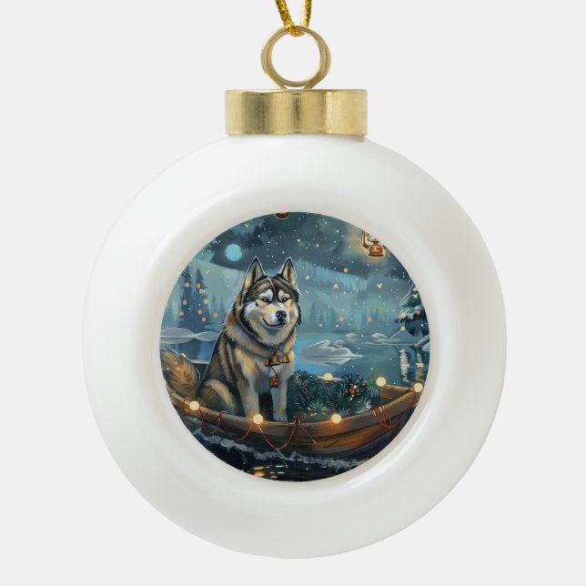 Boule En Céramique Alaskan Malamute Noël Festive Voyage (Devant)