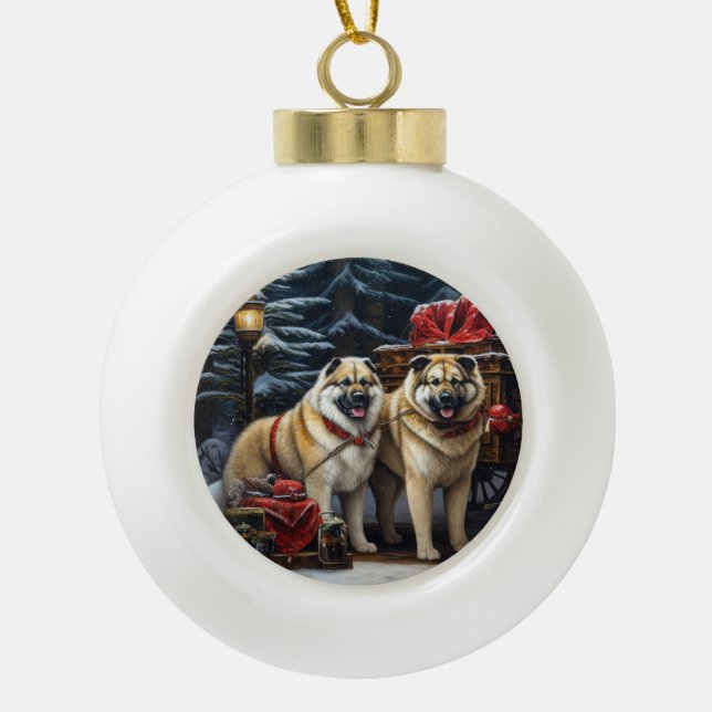 Boule En Céramique American Akita Snowy Sleigh Ride Décor de Noël (Devant)