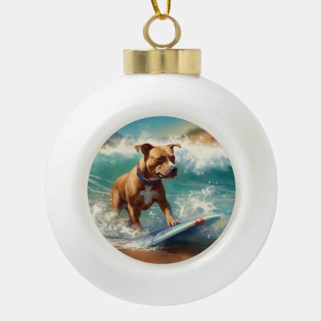 Boule En Céramique American Staffordshire Beach Surf Peinture (Devant)