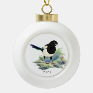Boule En Céramique Aquarelle datée Magpie Oiseau Nature Art