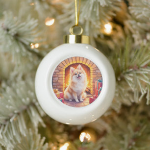 Boule En Céramique Art de chien au coin de la cheminée de Noël avec u