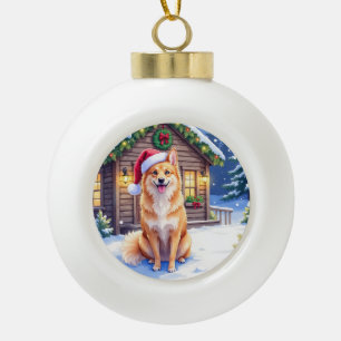 Boule En Céramique Art de Noël Chapeau de Père Noël Cabane enneigée S