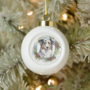 Boule En Céramique Australian Shepherd Christmas Wreath Festive Pup
