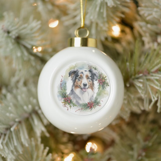 Boule En Céramique Australian Shepherd Christmas Wreath Festive Pup (Arbre)