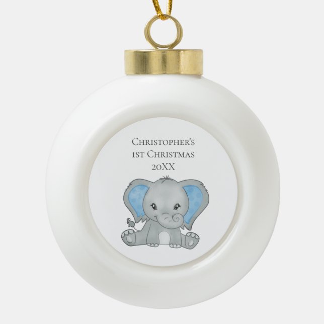 Boule En Céramique Baby Eléphant bleu Baby 1er Noël (Devant)
