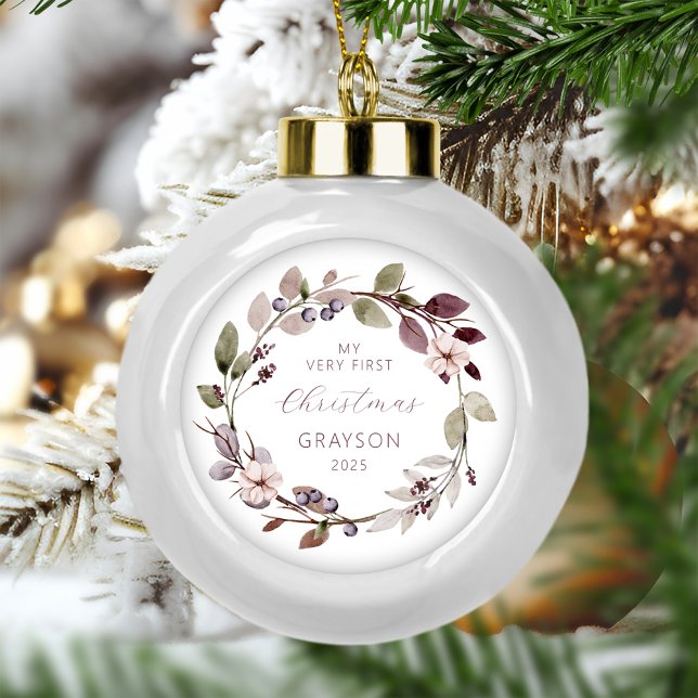 Boule En Céramique Baby personnalisé Premier Noël Purple Wreath (Créateur téléchargé)